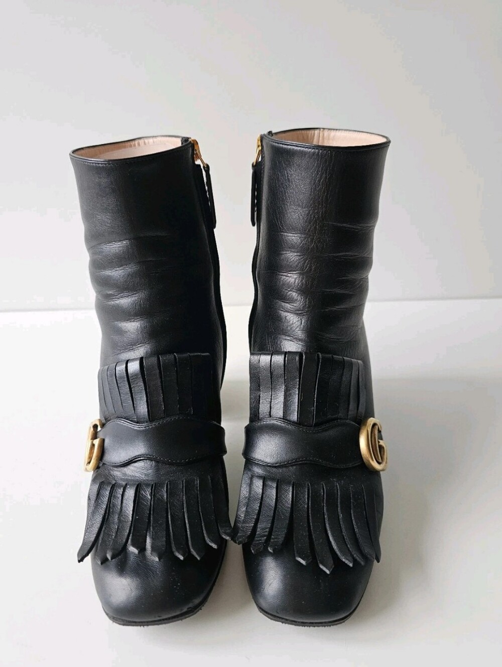 Gucci Marmont Gold GG Logo Black Leather Fringe Ankle Boots EU 38, US 7.5 - Picture 12 of 14